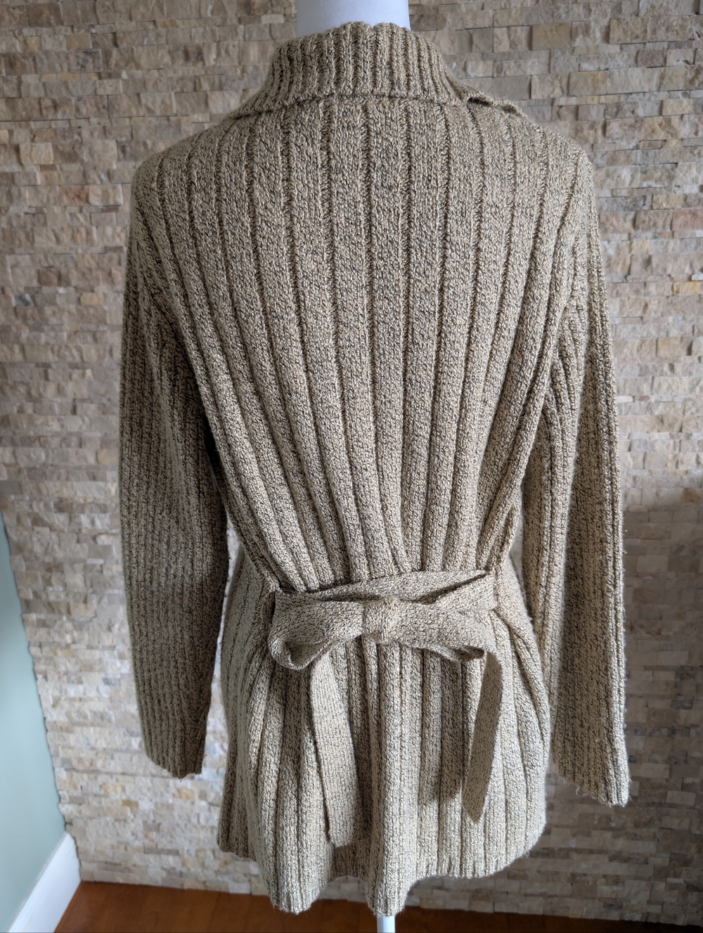 Belted Knit Cardigan Sz S Ribbed Neutral Beige Taupe Coastal Grandma Quiet Cozy image 5